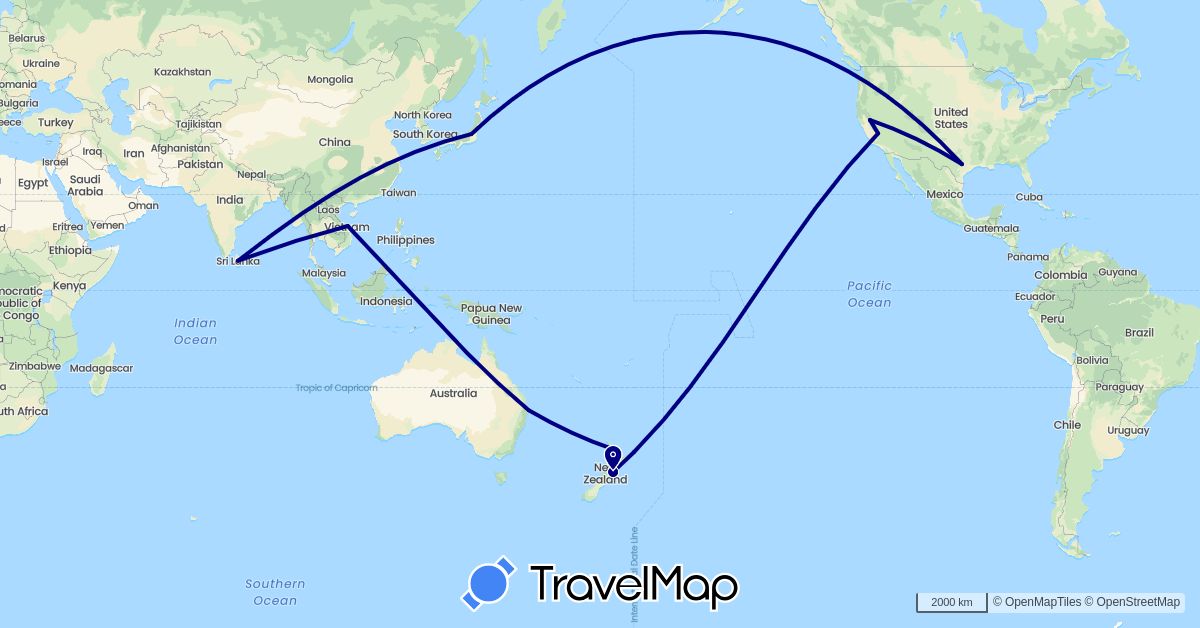 TravelMap itinerary: driving in Australia, Japan, Sri Lanka, New Zealand, United States, Vietnam (Asia, North America, Oceania)